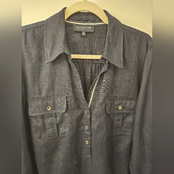 NWOT - Linen Jones New York Navy Blouse w Roll-Up Sleeves - Size 1X - Picture 2 of 11